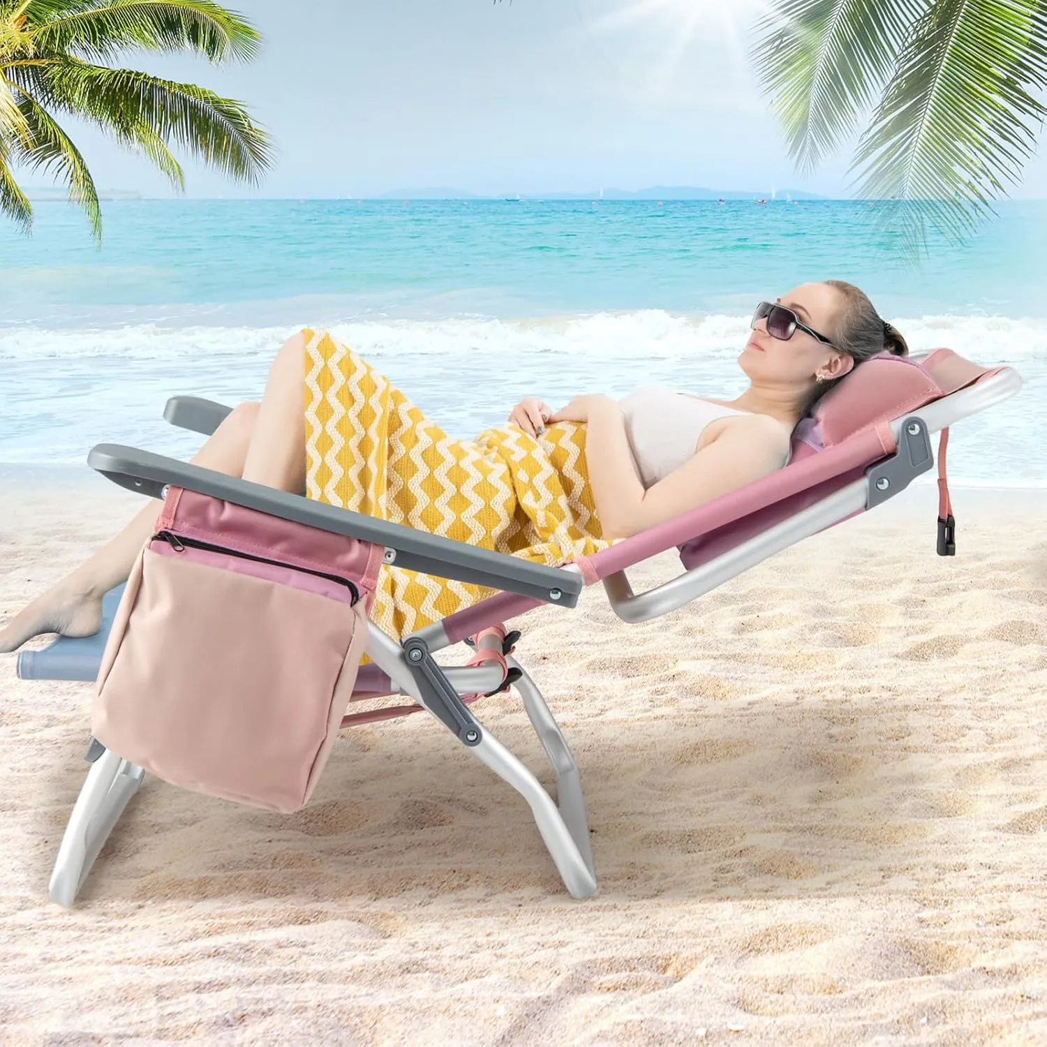 Tangkula Set of 4 Backpack Beach Chair, 5-Position Lay Flat Beach Chairs with Cooler Bag, 2 Cup Holders, Towel Bar, Lightweight Folding Beach Chair with Backpack Straps