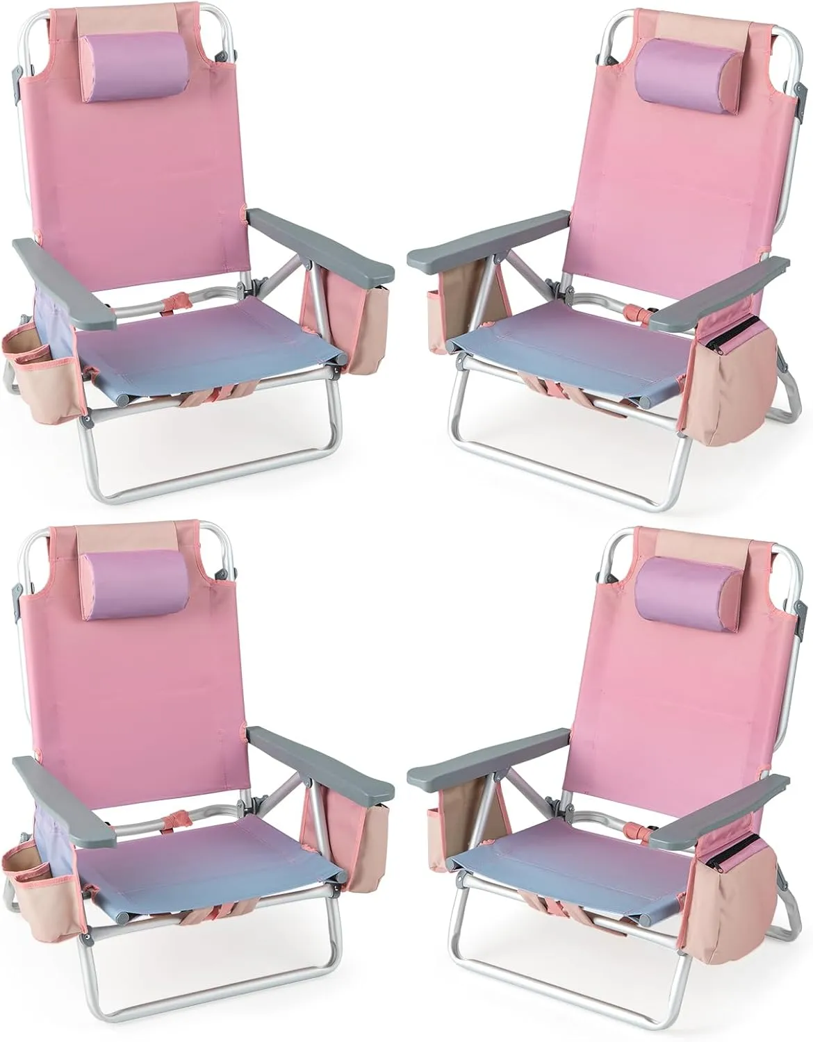 Tangkula Set of 4 Backpack Beach Chair, 5-Position Lay Flat Beach Chairs with Cooler Bag, 2 Cup Holders, Towel Bar, Lightweight Folding Beach Chair with Backpack Straps