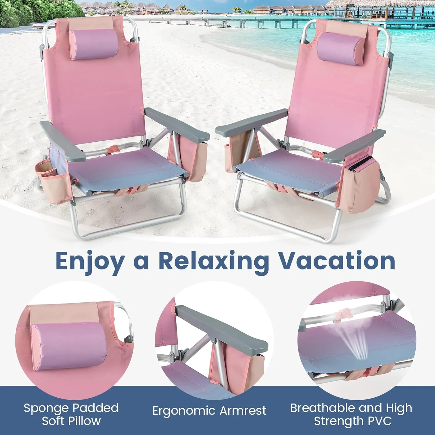 Tangkula Set of 4 Backpack Beach Chair, 5-Position Lay Flat Beach Chairs with Cooler Bag, 2 Cup Holders, Towel Bar, Lightweight Folding Beach Chair with Backpack Straps