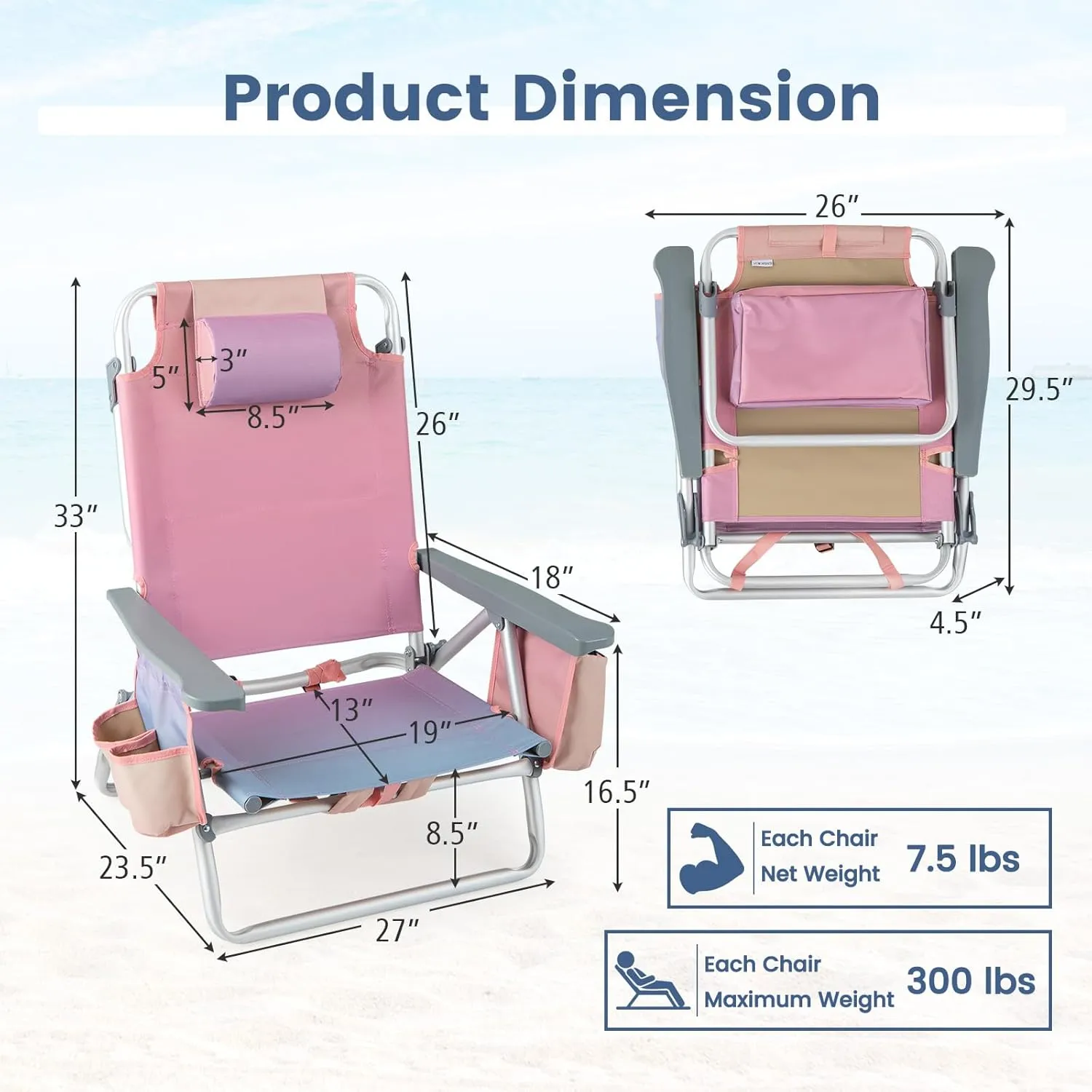 Tangkula Set of 4 Backpack Beach Chair, 5-Position Lay Flat Beach Chairs with Cooler Bag, 2 Cup Holders, Towel Bar, Lightweight Folding Beach Chair with Backpack Straps