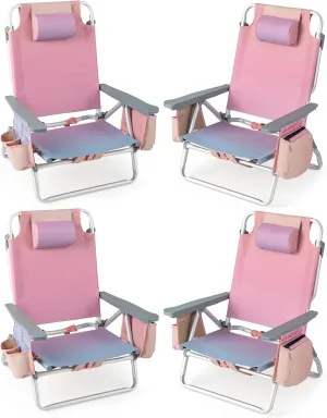 Tangkula Set of 4 Backpack Beach Chair, 5-Position Lay Flat Beach Chairs with Cooler Bag, 2 Cup Holders, Towel Bar, Lightweight Folding Beach Chair with Backpack Straps