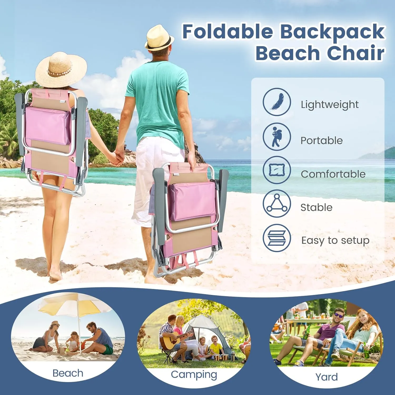 Tangkula Set of 4 Backpack Beach Chair, 5-Position Lay Flat Beach Chairs with Cooler Bag, 2 Cup Holders, Towel Bar, Lightweight Folding Beach Chair with Backpack Straps