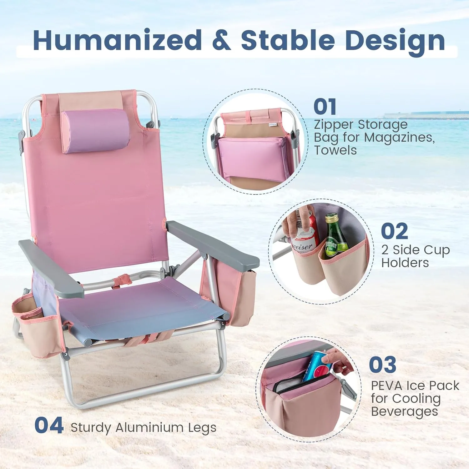 Tangkula Set of 4 Backpack Beach Chair, 5-Position Lay Flat Beach Chairs with Cooler Bag, 2 Cup Holders, Towel Bar, Lightweight Folding Beach Chair with Backpack Straps