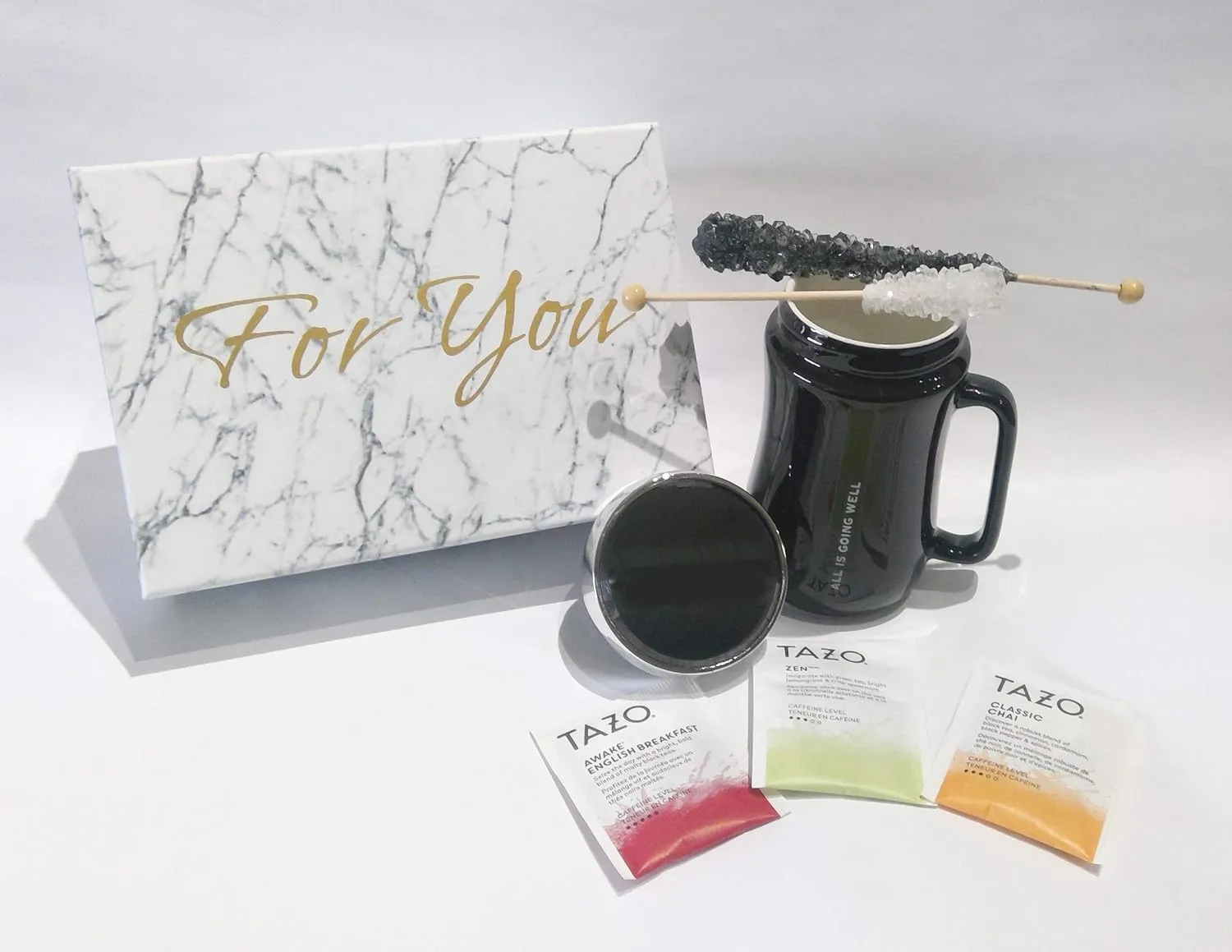 Tea Gift Set with tea cup, tea bags and sugar stir sticks for Birthday, Mother's Day, Thinking of You, Thank You Gifts (White)