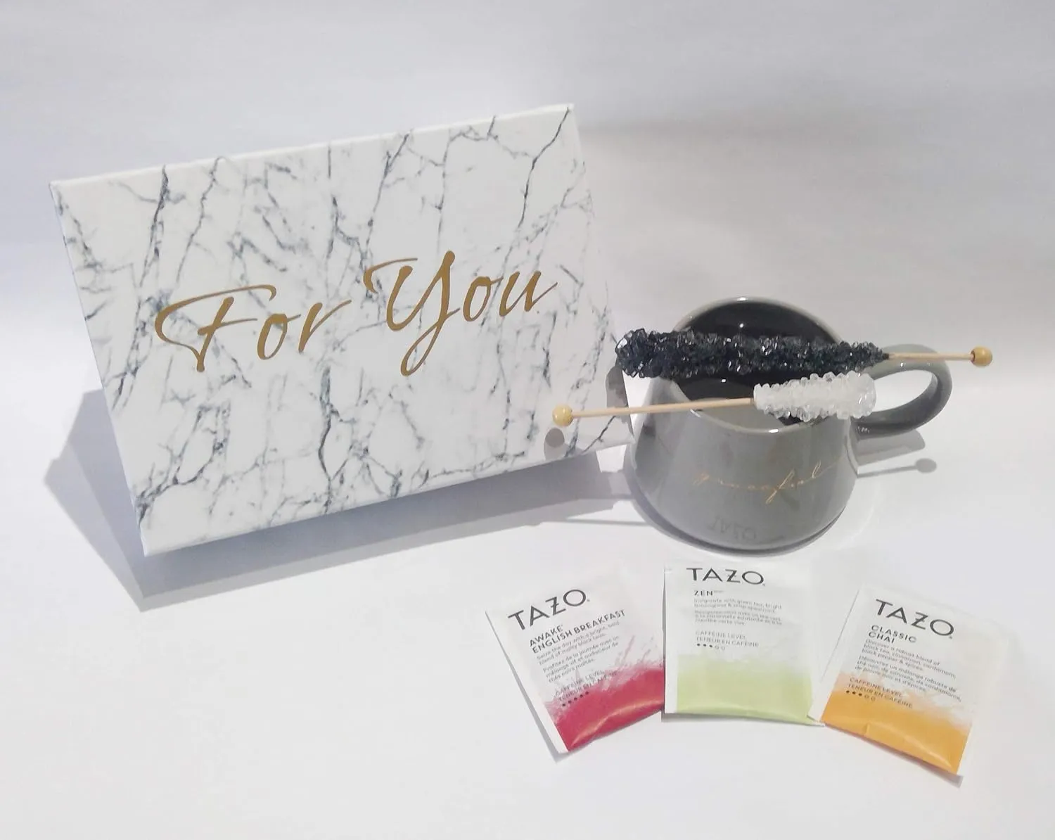 Tea Gift Set with tea cup, tea bags and sugar stir sticks for Birthday, Mother's Day, Thinking of You, Thank You Gifts (White)