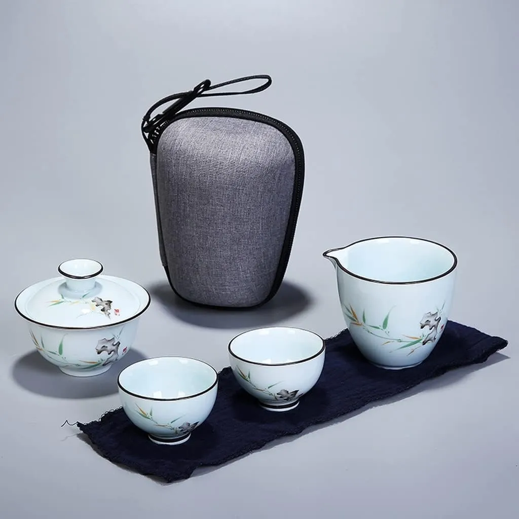 Tea Set Ceramic Portable Teapot Set Travel Gaiwan Tea Cups of Tea Ceremony Teacup Fine Gift with Travel Bag