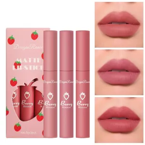 TEAYASON 3 piece Strawberry Set Box with Velvet Mist Matte Lip Glaze Lipstick Lip Colored Women's Non stick Cup Cute Set (C)
