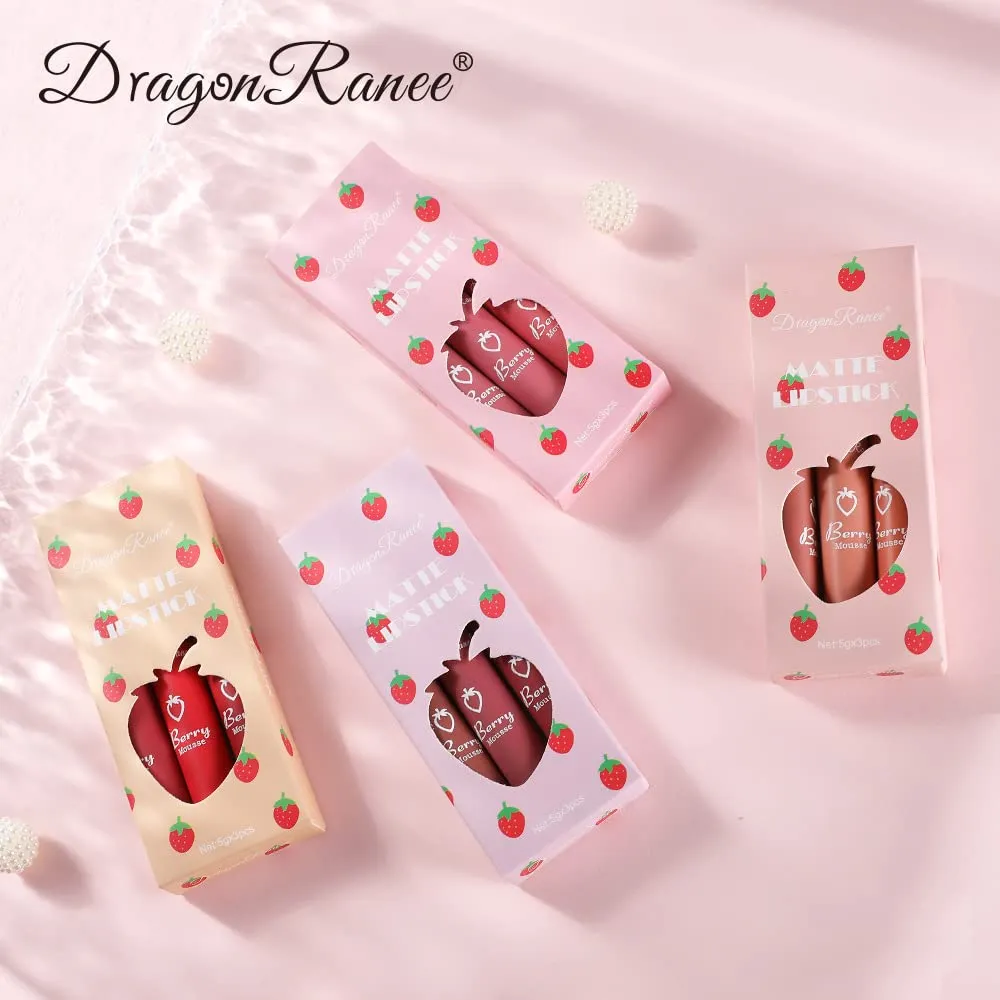 TEAYASON 3 piece Strawberry Set Box with Velvet Mist Matte Lip Glaze Lipstick Lip Colored Women's Non stick Cup Cute Set (C)