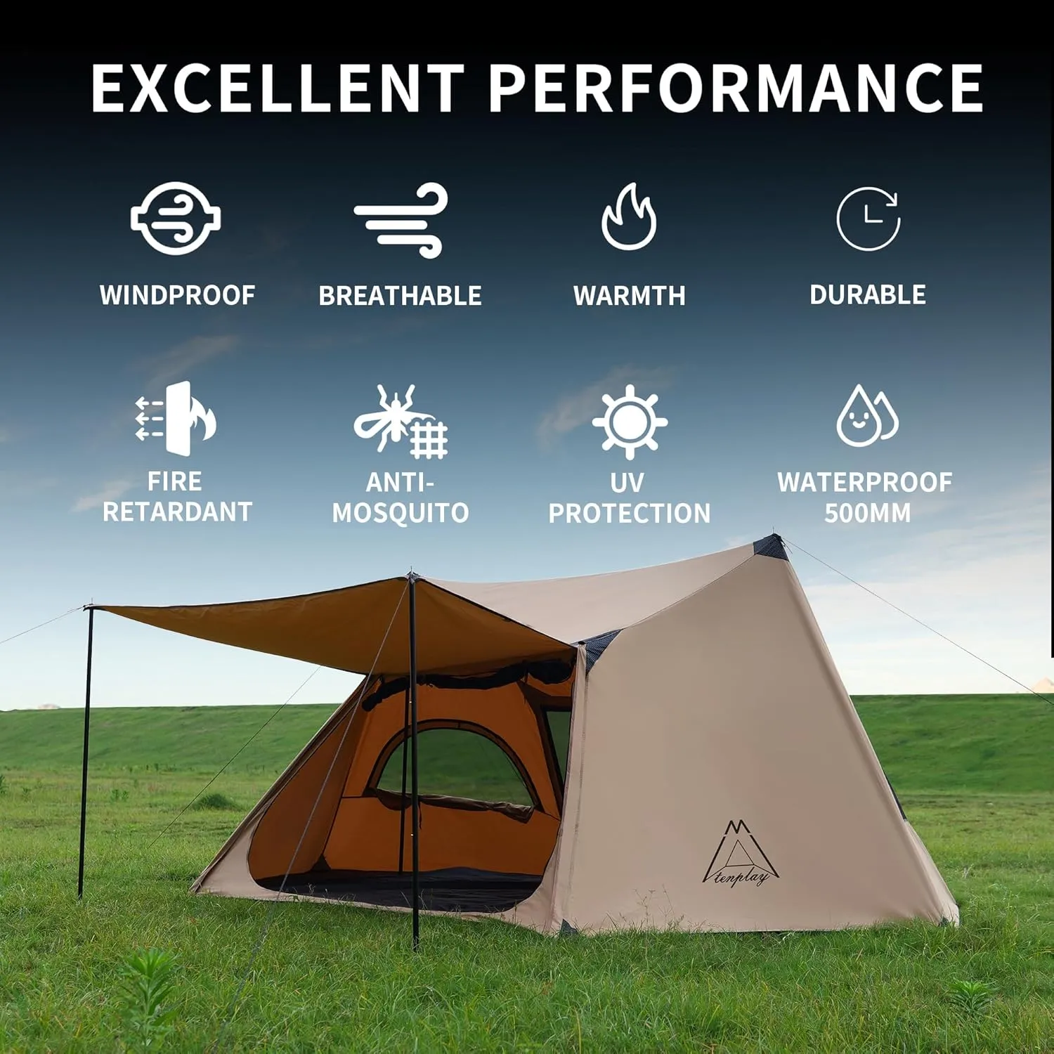 TENPLAY 210gsm TC Canvas Shelter,Waterproof 500mm,Camping Tent,1-2Person Backpacking Tent,Double Door&Window,Stove Jack,Fire-Retardant&Windproof,Portable,Easy Setup,4Season for Family Camping,Hiking