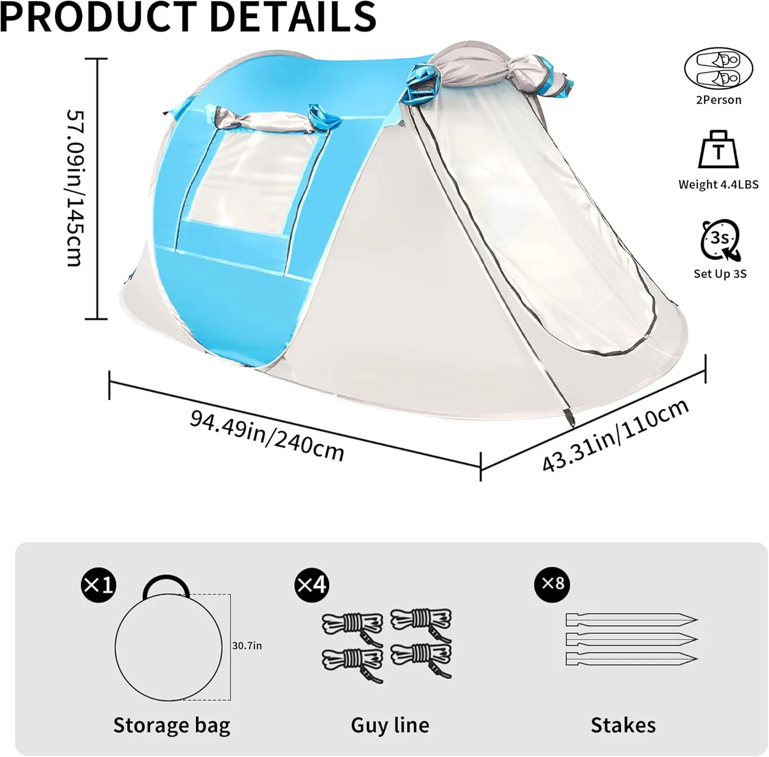 TENPLAY Pop Up Tent,2-4 People,190T Polyester,Waterproof2000mm,PU Coating,Automatic Setup,2Door,UV Protection,Lightweight,Portable Tent for Hiking,Picnic,Camping