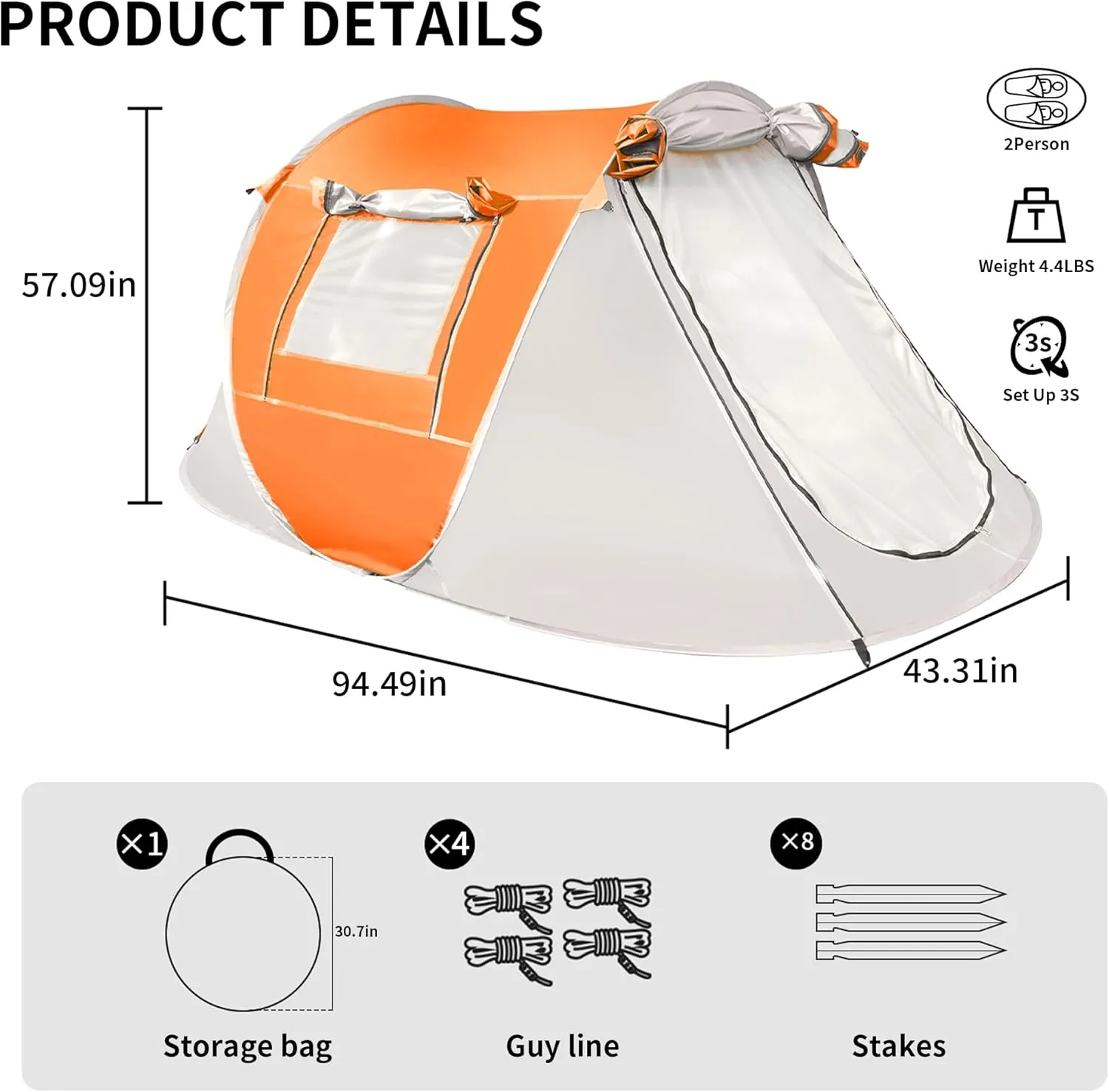 TENPLAY Pop Up Tent,2-4 People,190T Polyester,Waterproof2000mm,PU Coating,Automatic Setup,2Door,UV Protection,Lightweight,Portable Tent for Hiking,Picnic,Camping