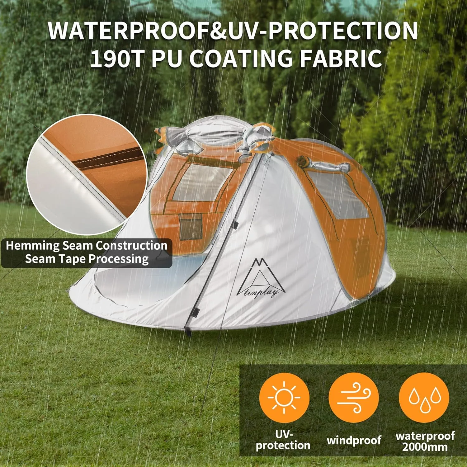 TENPLAY Pop Up Tent,2-4 People,190T Polyester,Waterproof2000mm,PU Coating,Automatic Setup,2Door,UV Protection,Lightweight,Portable Tent for Hiking,Picnic,Camping