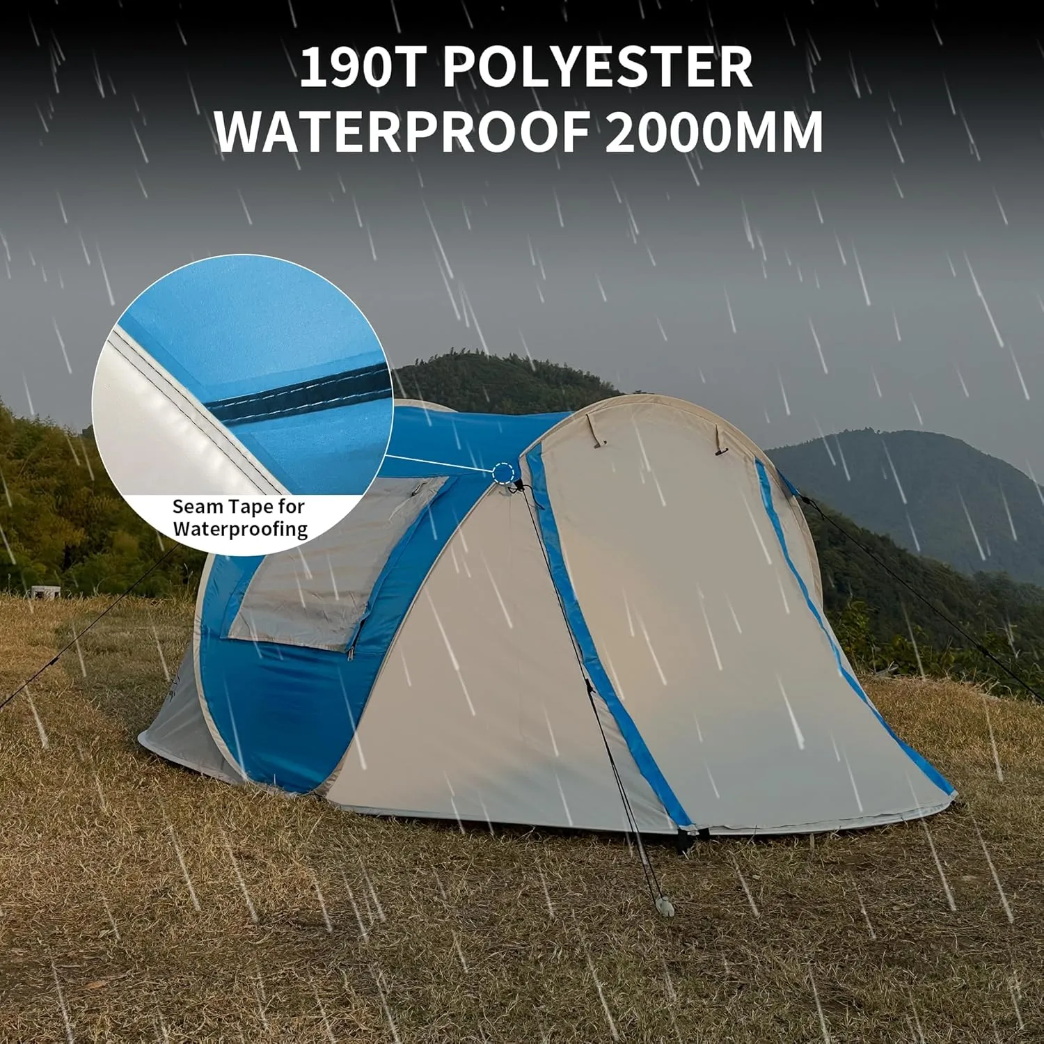 TENPLAY Pop Up Tent,2-4 People,190T Polyester,Waterproof2000mm,PU Coating,Automatic Setup,2Door,UV Protection,Lightweight,Portable Tent for Hiking,Picnic,Camping