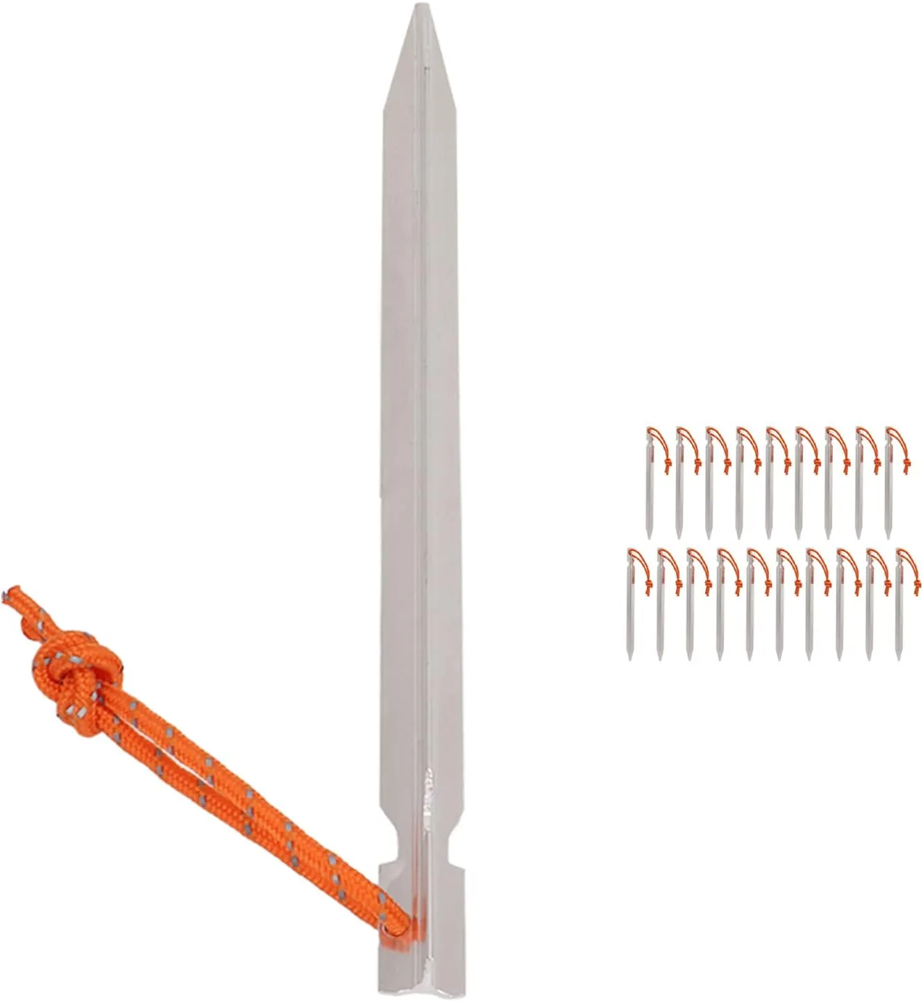 Tent Stakes Heavy Duty V Shape Aluminum Alloy Tent Pegs with Ropes for Outdoor Camping Accessories 20 Pack 18cm (Silver White)