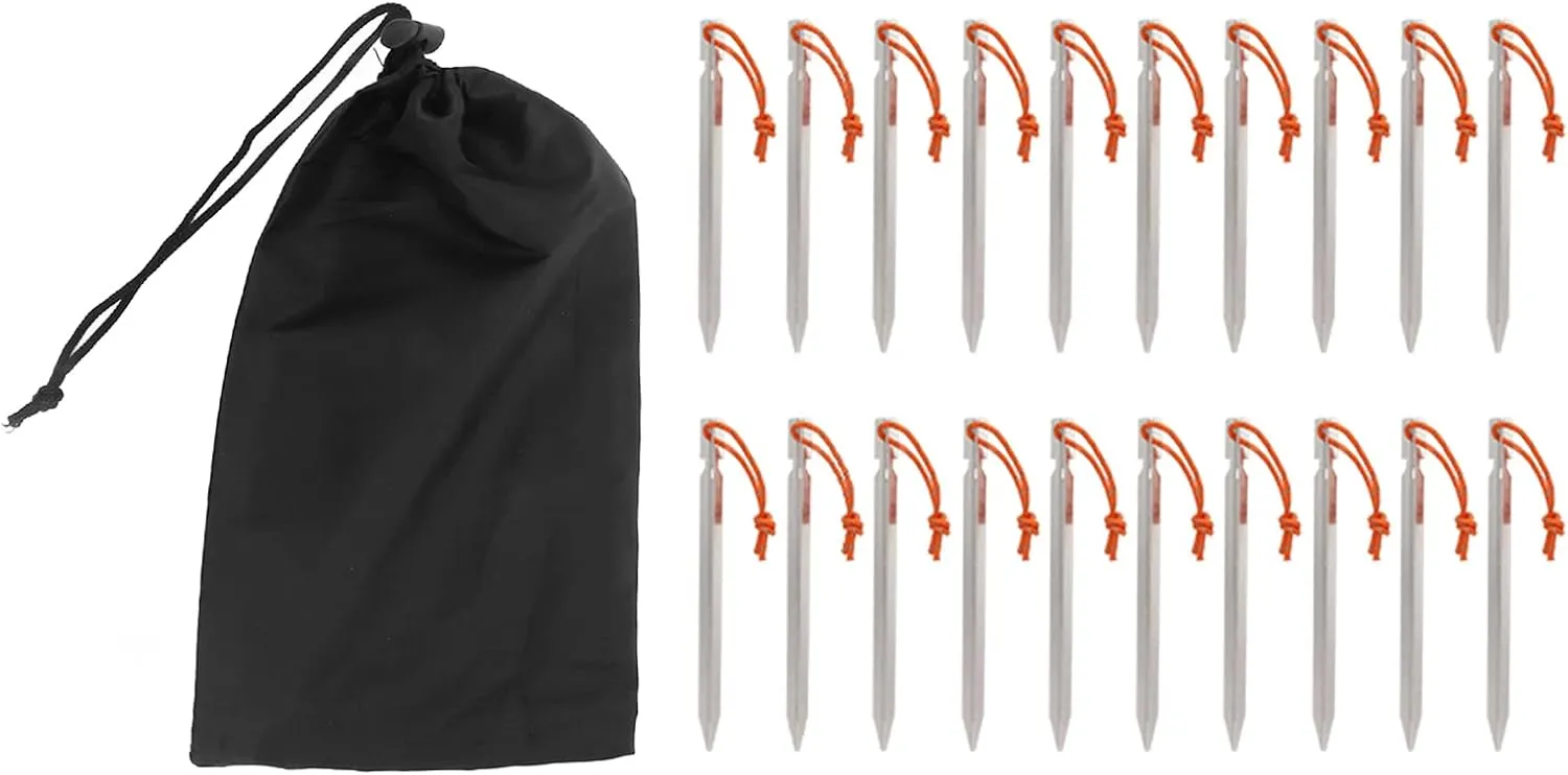 Tent Stakes Heavy Duty V Shape Aluminum Alloy Tent Pegs with Ropes for Outdoor Camping Accessories 20 Pack 18cm (Silver White)