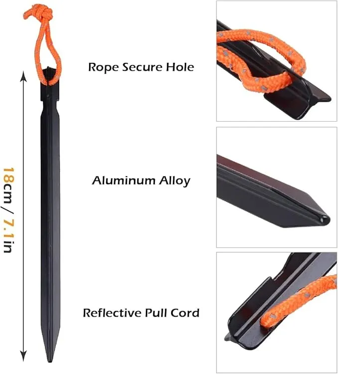 Tent Stakes Heavy Duty,Metal Tent Stakes,Aluminum Tent Pegs with Refective Tent Cords,Camping Accessories with Hammer,Yard Stakes,Groud Stakes,Stakes for Inflatables&Camping&Ground-15 Pack