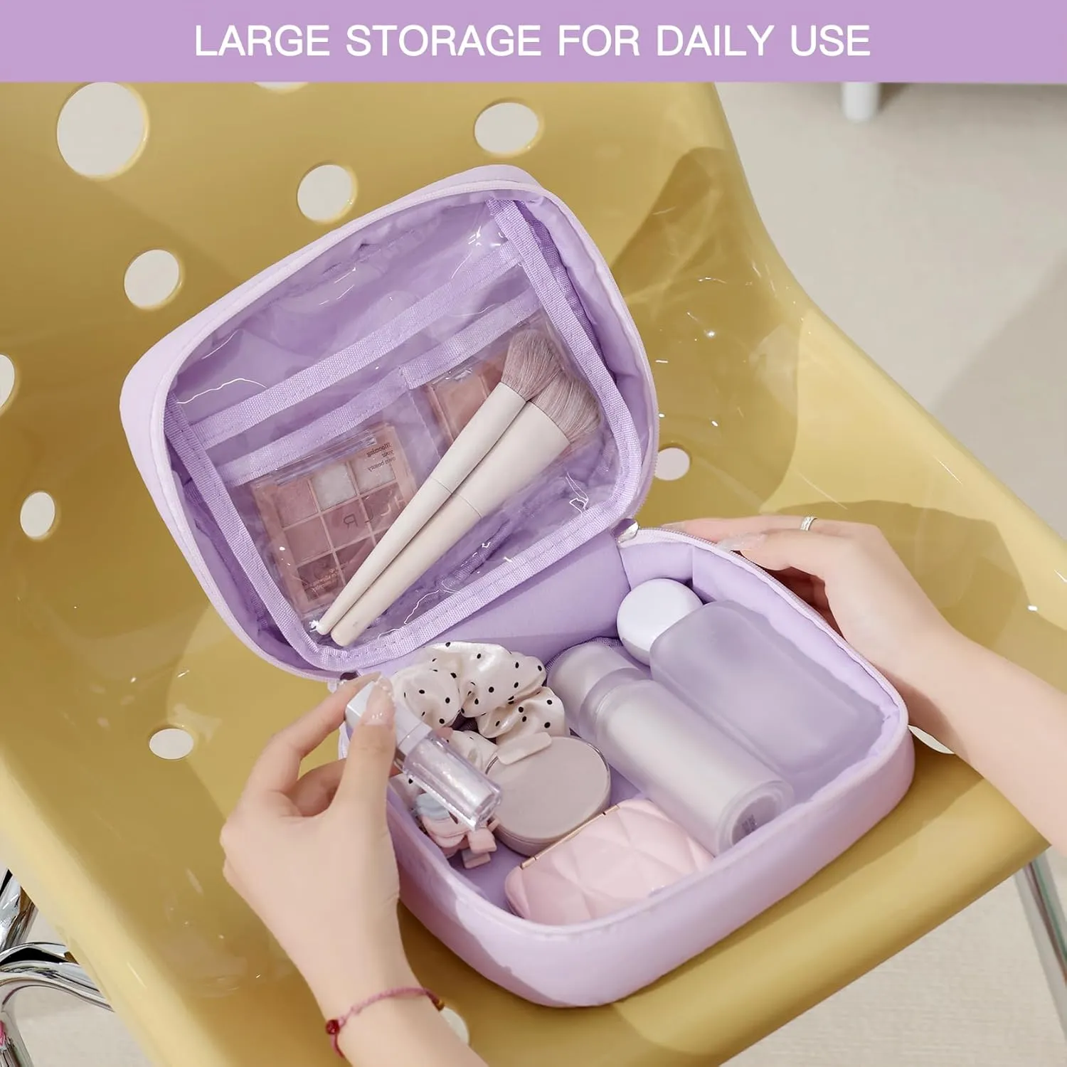Teryeefi Hanging Travel Toiletry Bag for women, [Cute Candy Color Puffy Design] Travel Makeup Cosmetic Bag with Waterproof function (Purple)