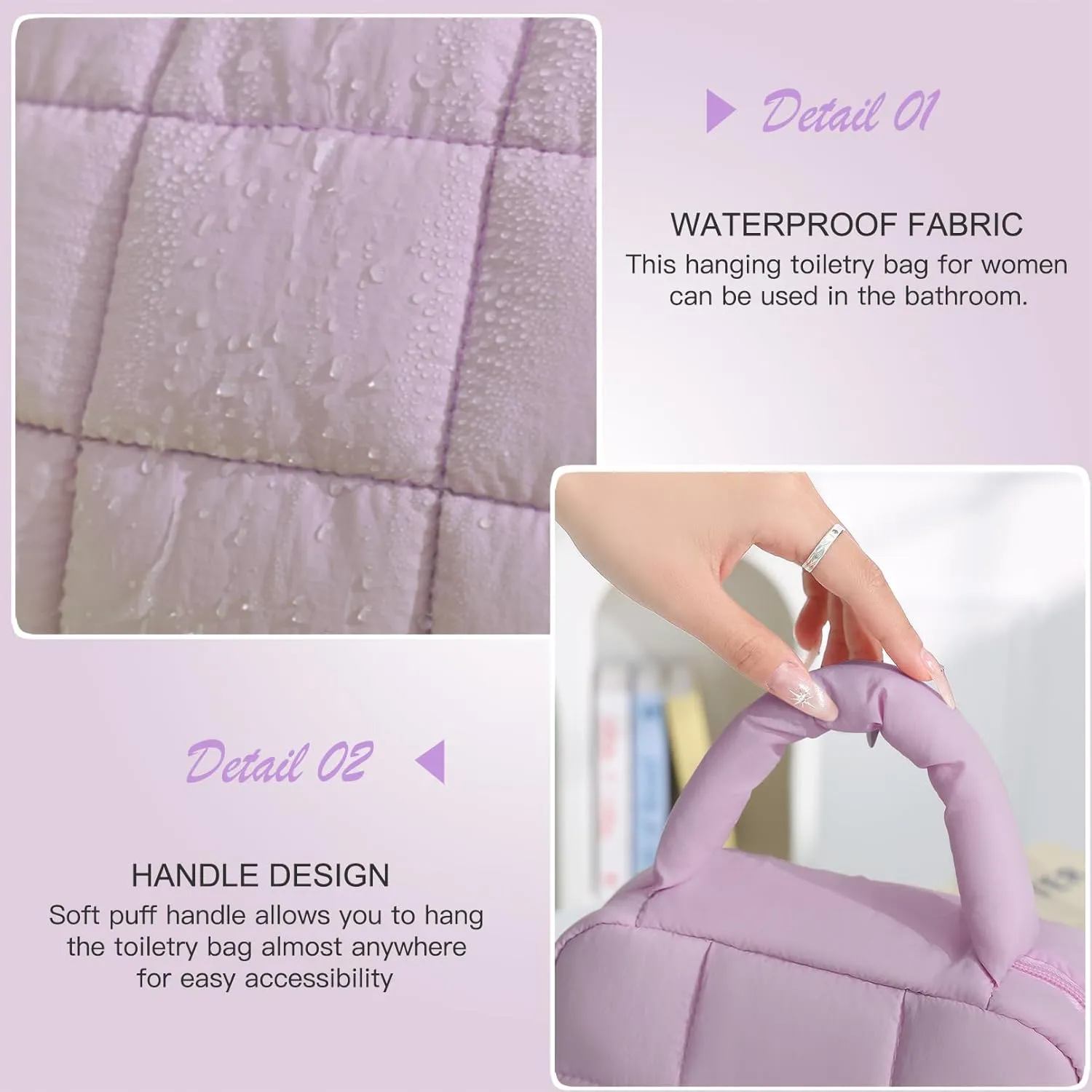 Teryeefi Hanging Travel Toiletry Bag for women, [Cute Candy Color Puffy Design] Travel Makeup Cosmetic Bag with Waterproof function (Purple)