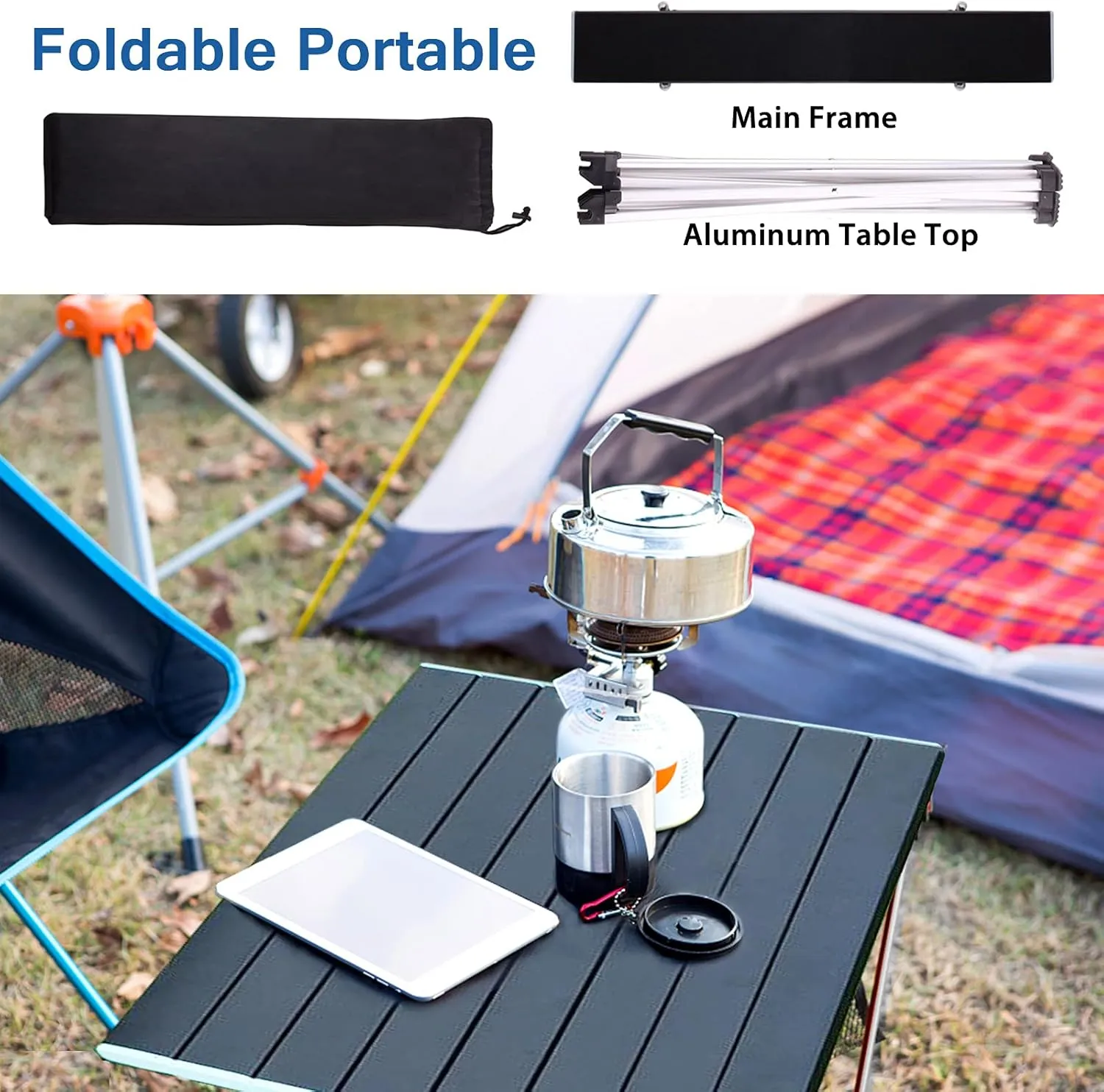 Tesouro Portable Camping Table,Folding Side Table Aluminum Top for Outdoor Cooking, Hiking, Travel, Picnic(Large, Black)