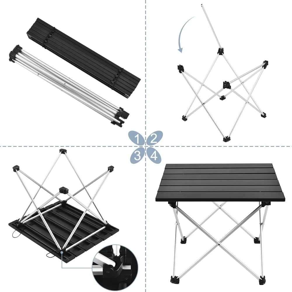 Tesouro Portable Camping Table,Folding Side Table Aluminum Top for Outdoor Cooking, Hiking, Travel, Picnic(Large, Black)