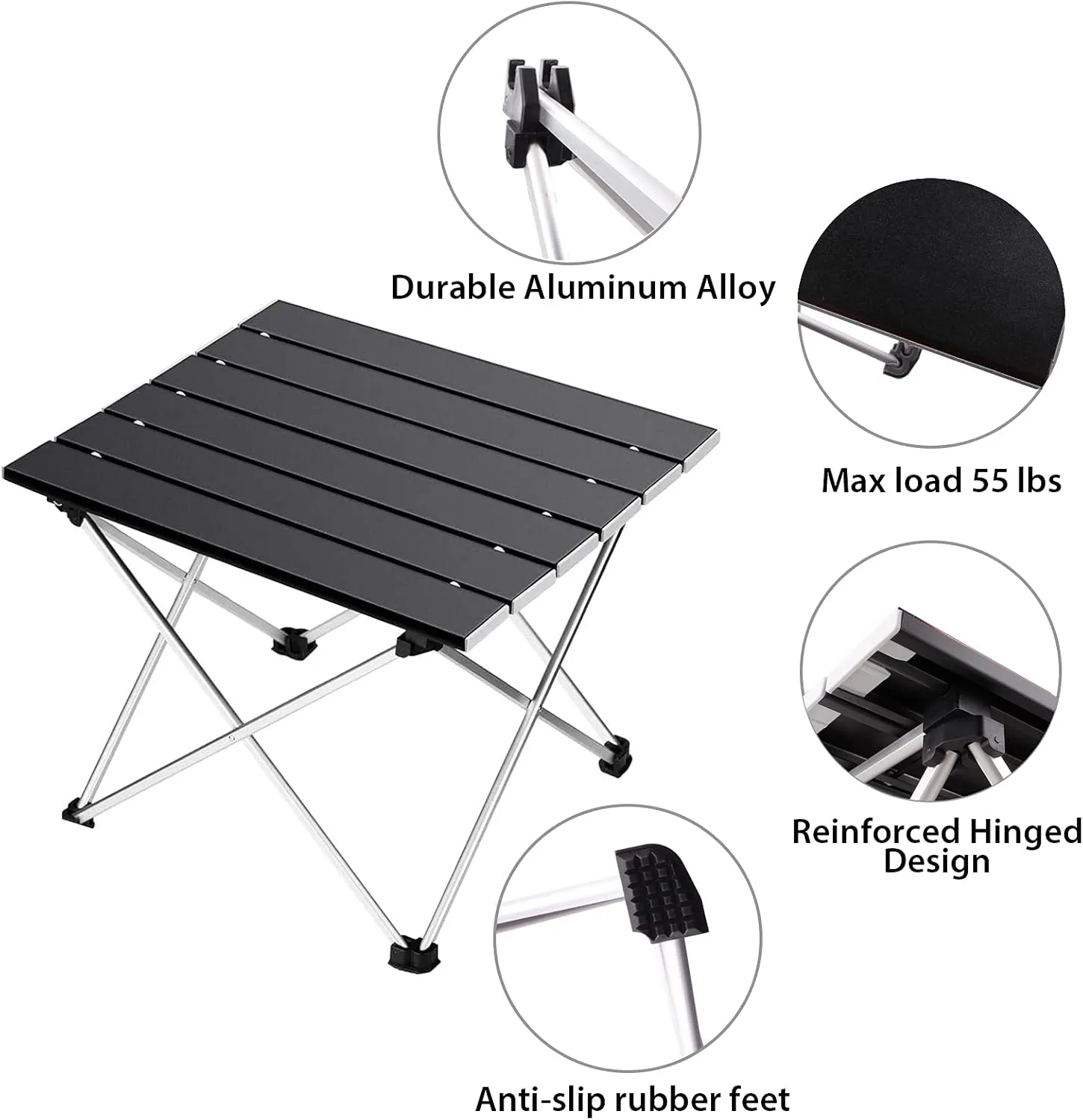 Tesouro Portable Camping Table,Folding Side Table Aluminum Top for Outdoor Cooking, Hiking, Travel, Picnic(Large, Black)