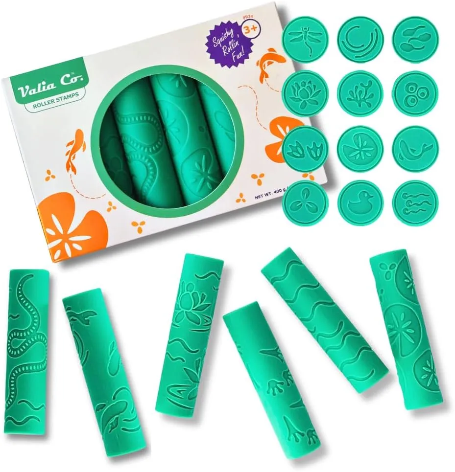 Textured Play Dough Roller Stamps for Modeling Dough and Clay, Pond Art Preschool Toy, Easy Clean Silicone Hand Grip for Kids, Playdough Tools Set Ages 3 , Safe for Baking and Crafts