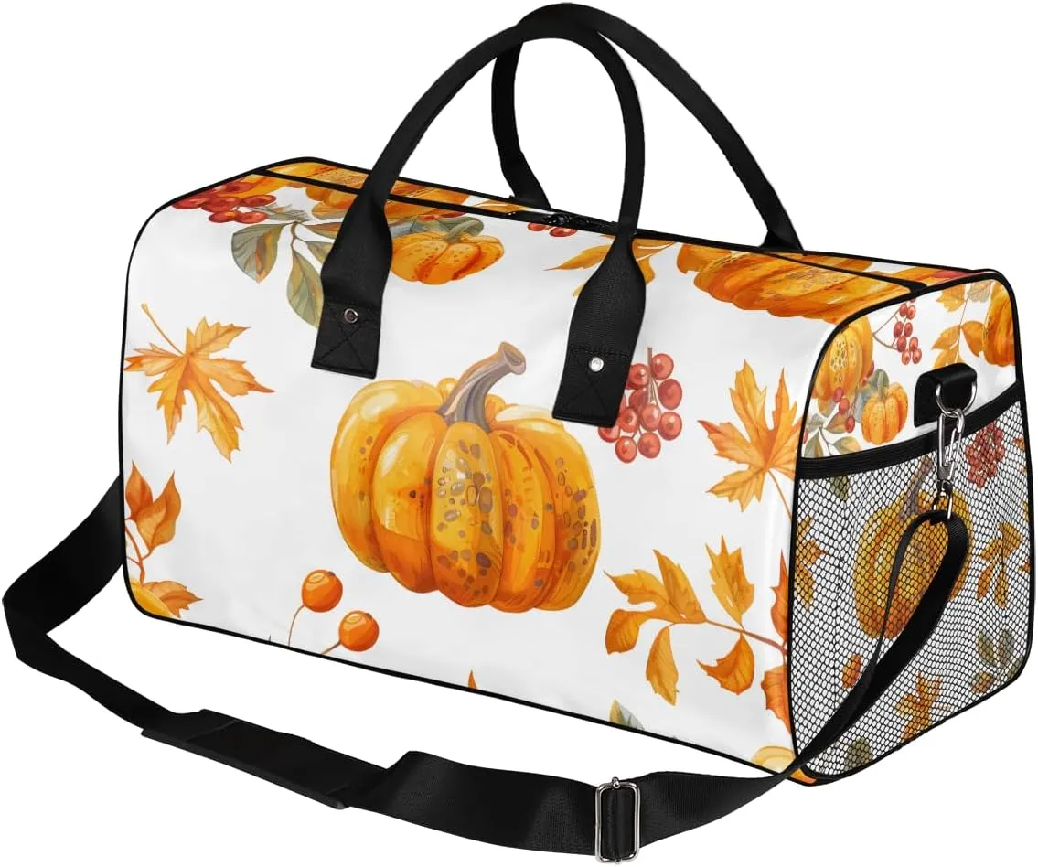 Thanksgiving Travel Duffle Bag for Women Men Foldable Waterproof Weekender Bag Carry on Tote for Overnight Sports Gym Fall Autumn Leaves Pumpkin