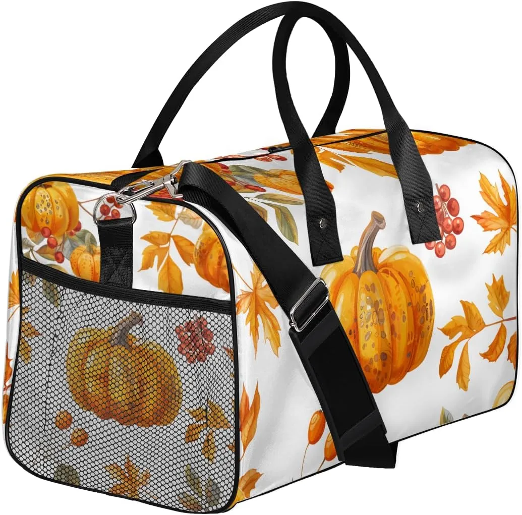Thanksgiving Travel Duffle Bag for Women Men Foldable Waterproof Weekender Bag Carry on Tote for Overnight Sports Gym Fall Autumn Leaves Pumpkin