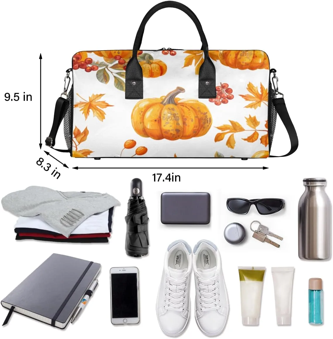 Thanksgiving Travel Duffle Bag for Women Men Foldable Waterproof Weekender Bag Carry on Tote for Overnight Sports Gym Fall Autumn Leaves Pumpkin