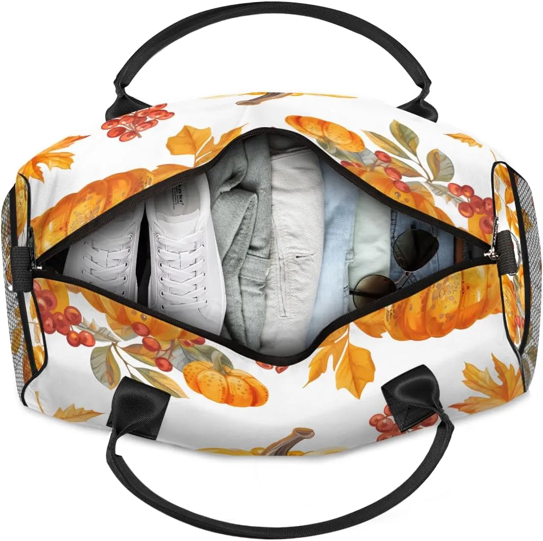 Thanksgiving Travel Duffle Bag for Women Men Foldable Waterproof Weekender Bag Carry on Tote for Overnight Sports Gym Fall Autumn Leaves Pumpkin