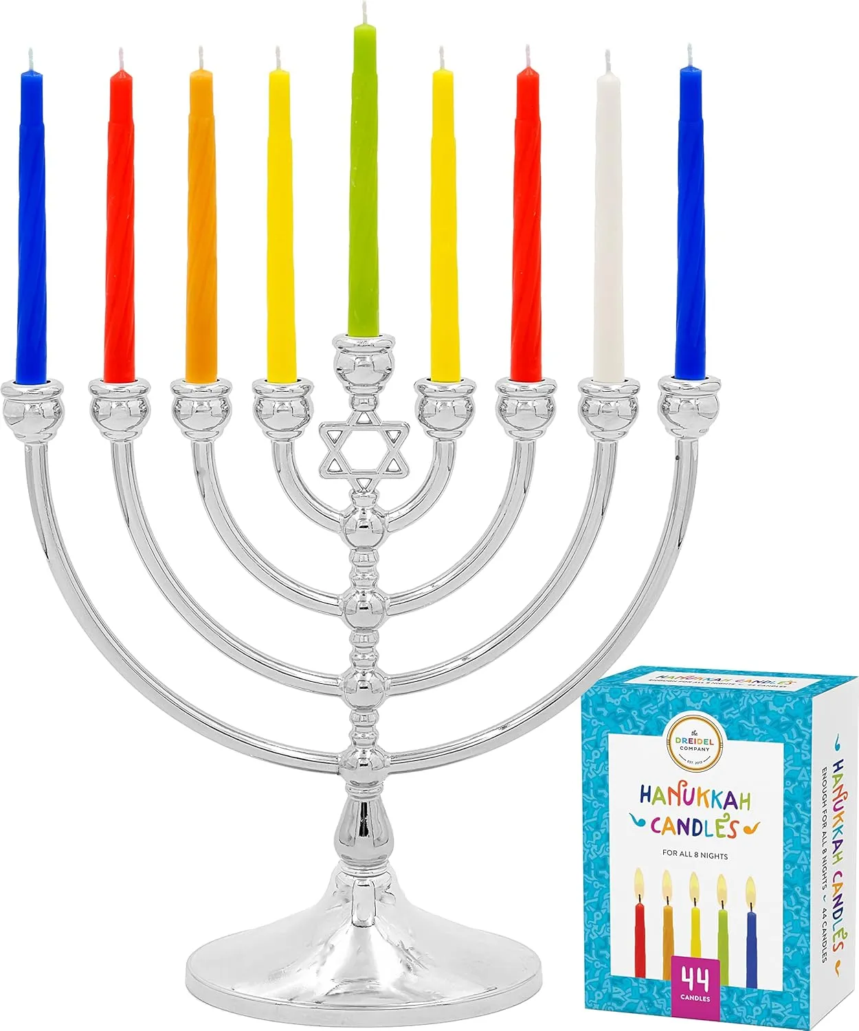 The Dreidel Company Complete Hanukah Menorah Set, 7" Menorah, 44 Colored Candles, 4 Multicolored Painted Wood Dreidels, 4 Chocolate Belgian Coins Gelt, Comprehensive Chanukah Guide (Set of 1)