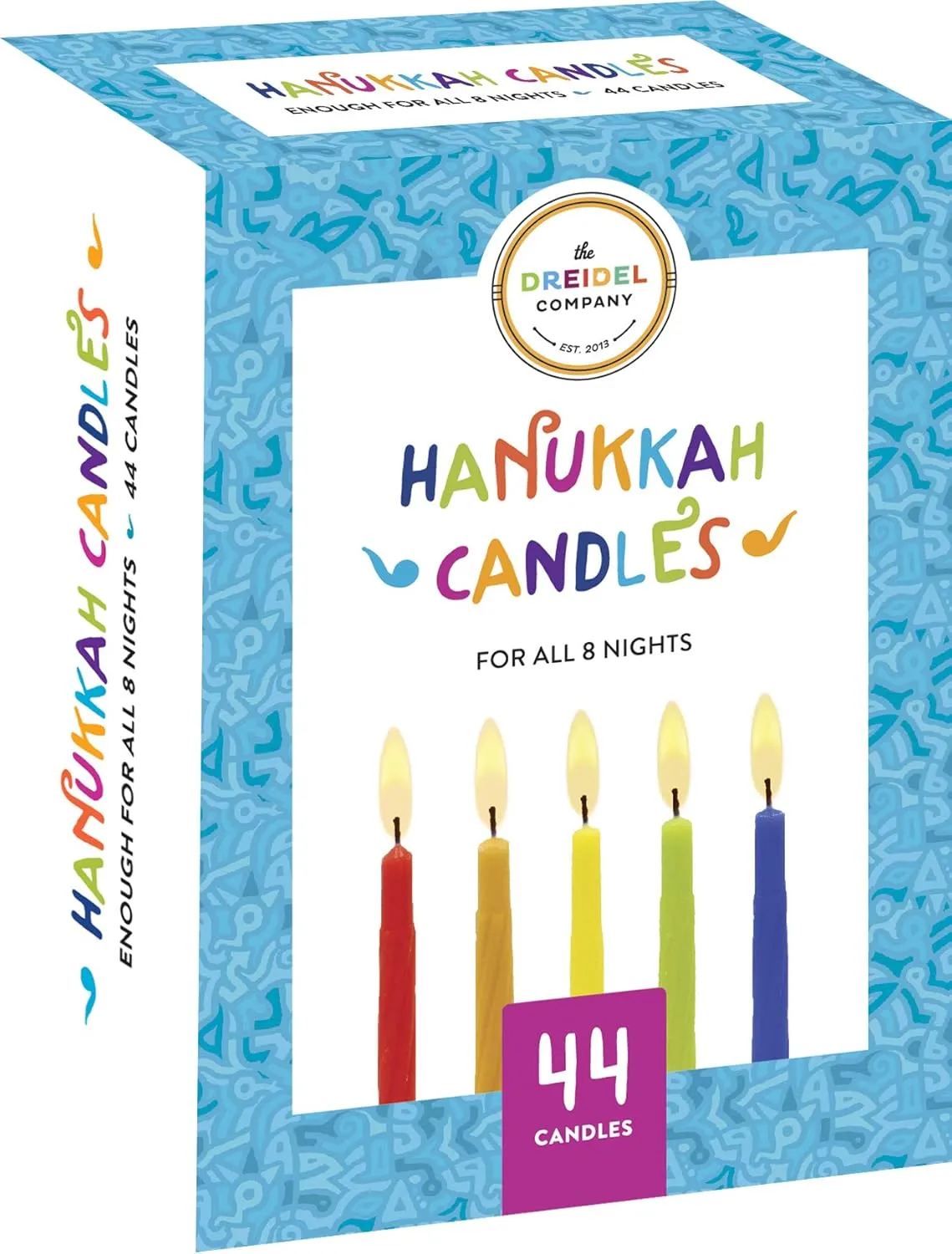 The Dreidel Company Complete Hanukah Menorah Set, 7" Menorah, 44 Colored Candles, 4 Multicolored Painted Wood Dreidels, 4 Chocolate Belgian Coins Gelt, Comprehensive Chanukah Guide (Set of 1)