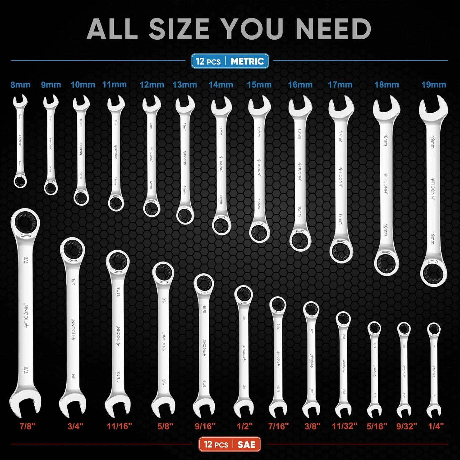 TICONN 24PCS Ratcheting Wrench Set with Organizer Rack, Professional Slim Profile Mechanic Cr-V Ratchet (12PCS Inch (SAE) & 12PCS mm (Metric))