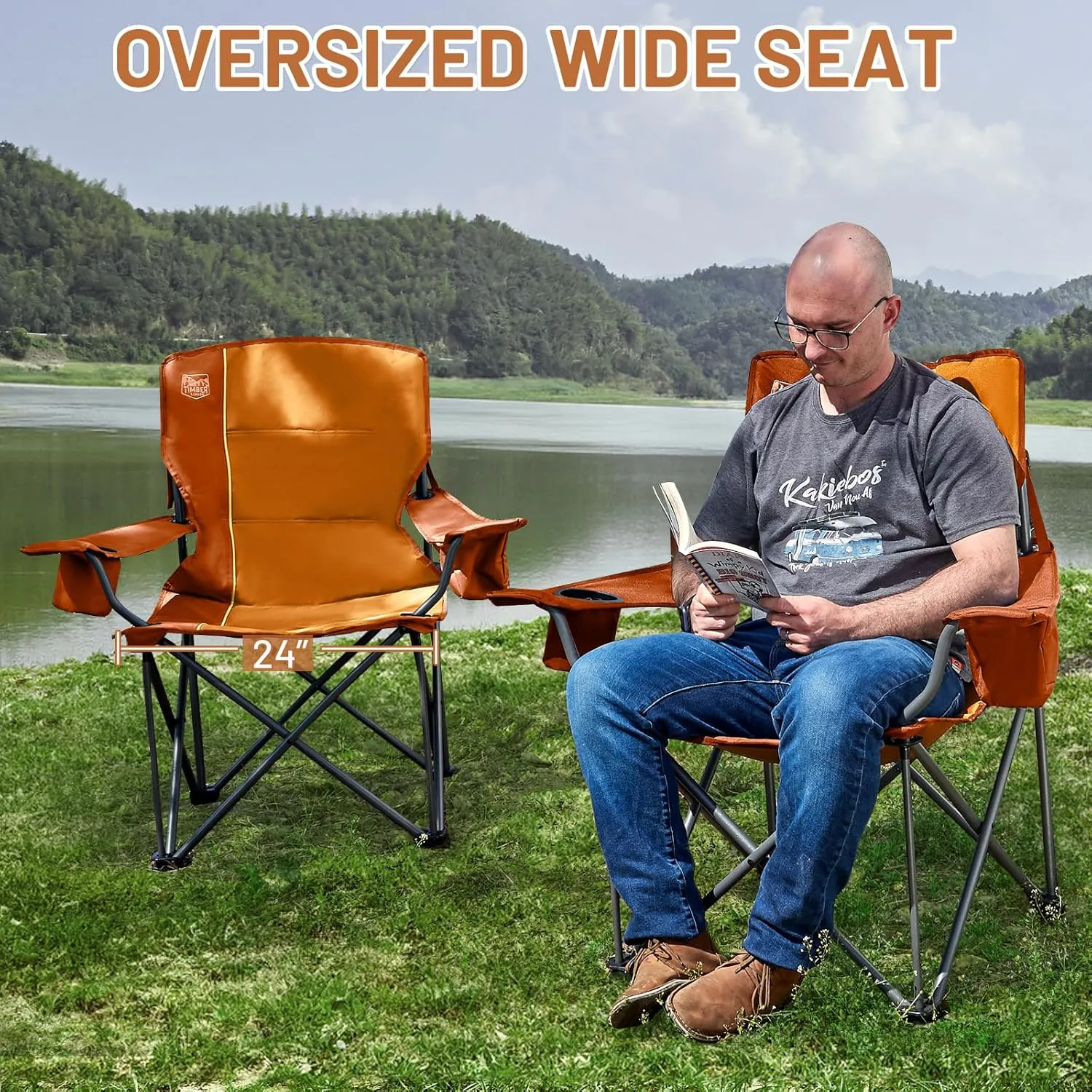 TIMBER RIDGE Oversized Folding Camping Chair for Adults, Support 550 LBS Heavy Duty with Cup Holder Side Pocket for Camping, Lawn, Picnic, Orange