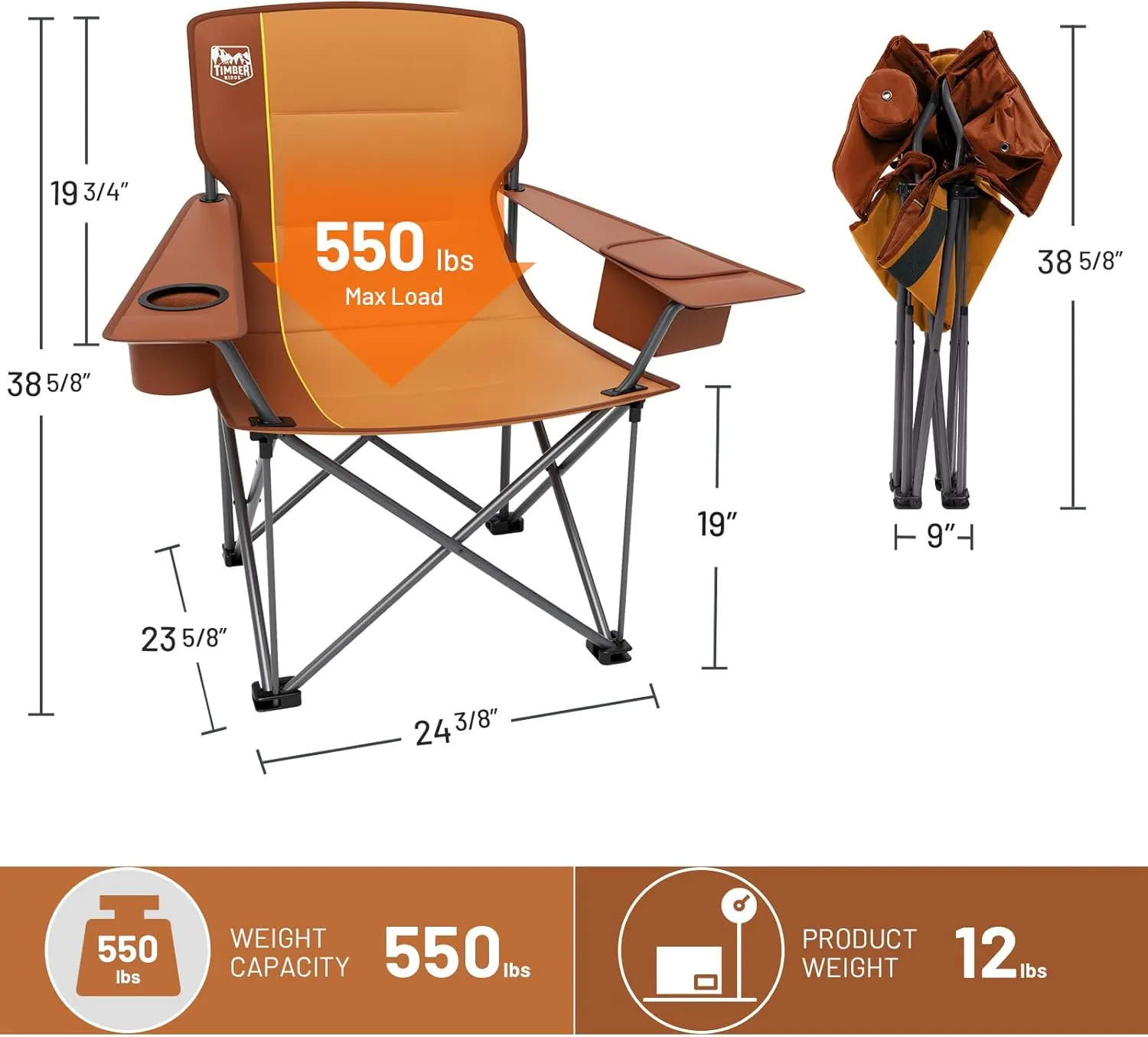 TIMBER RIDGE Oversized Folding Camping Chair for Adults, Support 550 LBS Heavy Duty with Cup Holder Side Pocket for Camping, Lawn, Picnic, Orange