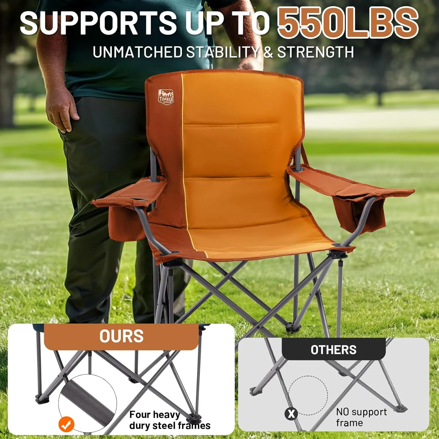 TIMBER RIDGE Oversized Folding Camping Chair for Adults, Support 550 LBS Heavy Duty with Cup Holder Side Pocket for Camping, Lawn, Picnic, Orange