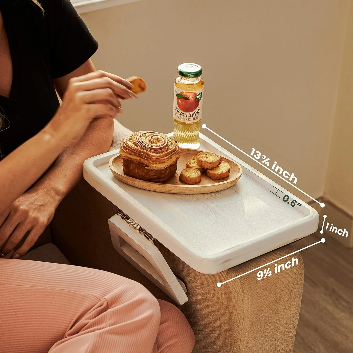 Tinamo Acacia Couch Arm Table - Wooden Sofa Armrest Tray - Clip-on Tray for Wide Couch - Side Table for Eating & Drink (White Rustic)