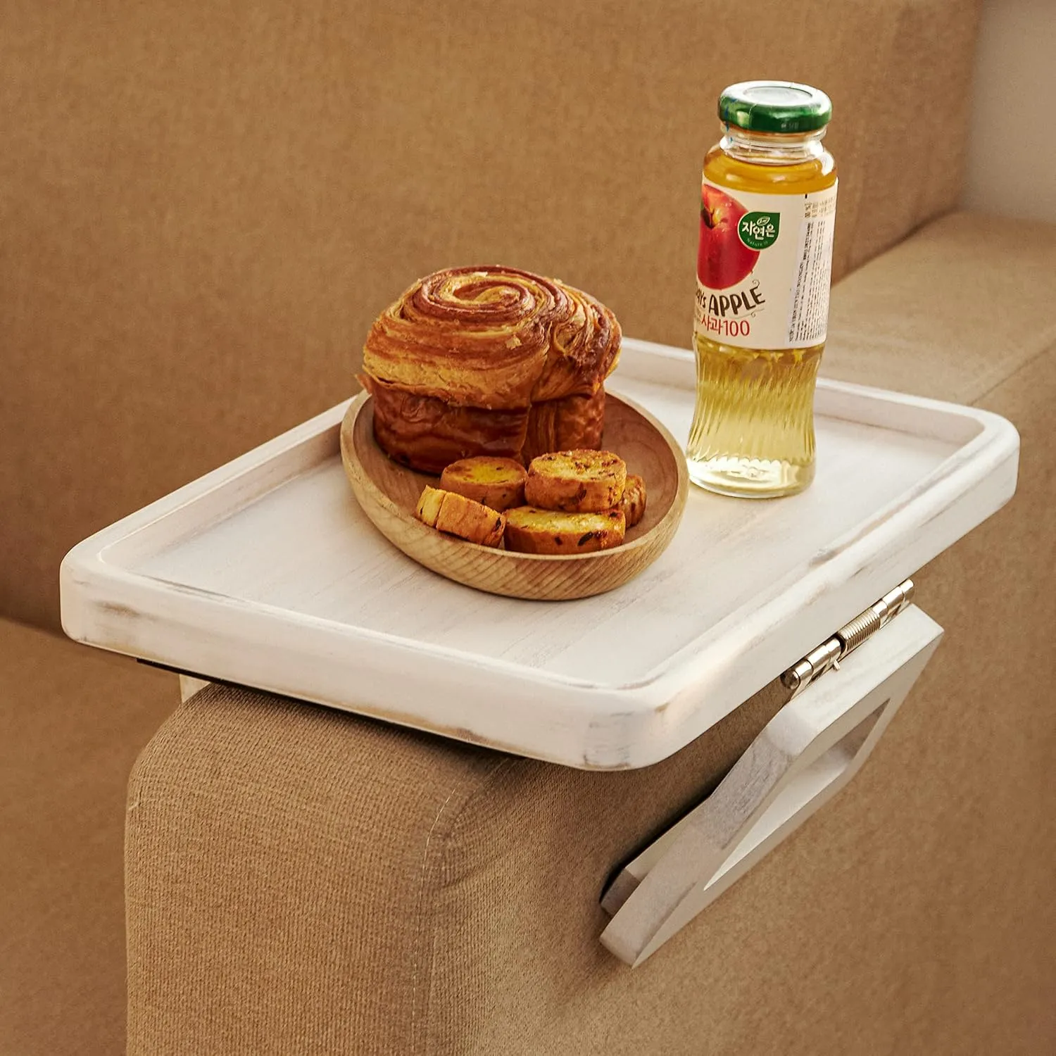 Tinamo Acacia Couch Arm Table - Wooden Sofa Armrest Tray - Clip-on Tray for Wide Couch - Side Table for Eating & Drink (White Rustic)