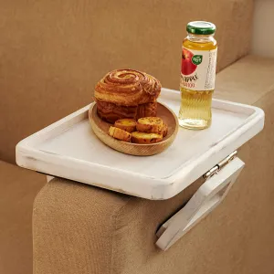 Tinamo Acacia Couch Arm Table - Wooden Sofa Armrest Tray - Clip-on Tray for Wide Couch - Side Table for Eating & Drink (White Rustic)