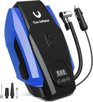 Tire Inflator Portable Air Compressor - Air Pump for Car Tires - 12V DC Compact Tire Pump with Auto Shutoff Function - Multipurpose Car Accessory with LED Light, Blue, Medium