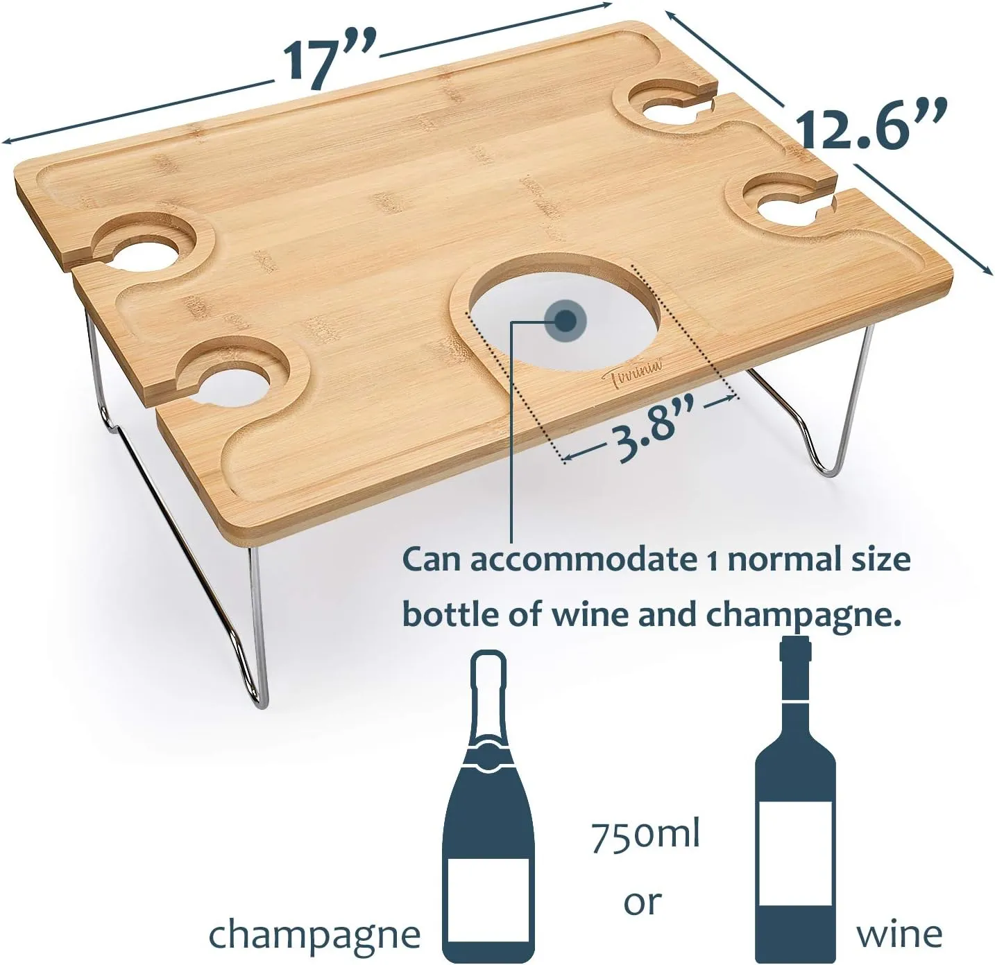 Tirrinia Portable Wine Picnic Table, Ideal Wine Gift for Women Men, Small Folding Outdoor Picnic & Cheese Tray with 4 Wine Glasses Holder for Camping, Park, Beach, Garden, Concerts,Steel Legs