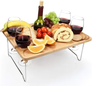 Tirrinia Portable Wine Picnic Table, Ideal Wine Gift for Women Men, Small Folding Outdoor Picnic & Cheese Tray with 4 Wine Glasses Holder for Camping, Park, Beach, Garden, Concerts,Steel Legs