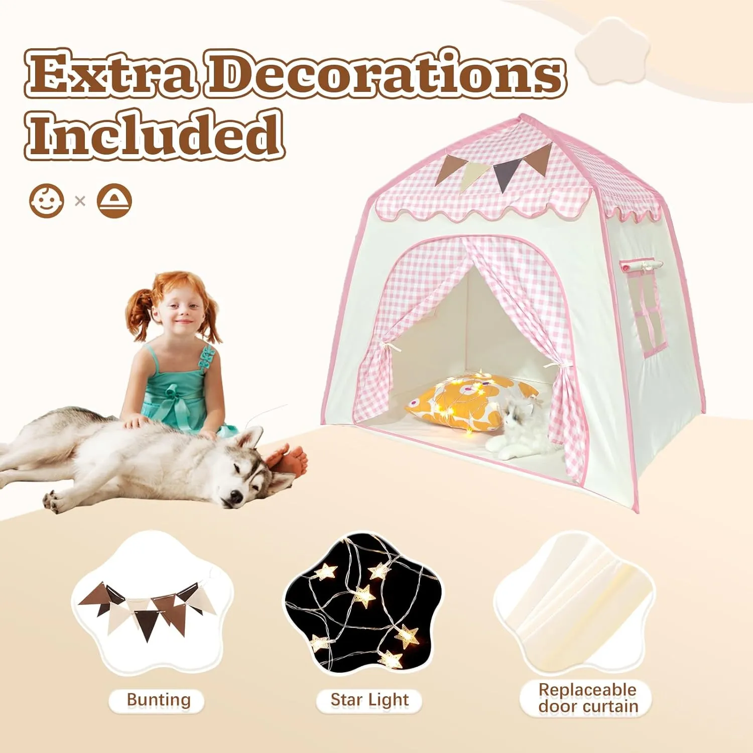 Toddler Bed Tent, Kids Play Tent with Flags, Star String, Portable Bed Canopy for Boys & Girls, Children, Indoor Outdoor Dome Playhouse, Pink Plaid, 51" x 39" x 51"