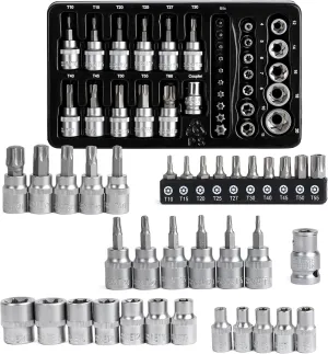 Topline 34-Piece 1/4”& 3/8” Drive E-Torx Socket Set and Torx Bit Socket Set, with Storage case, Premium CR-V Steel, E4-E20, T10-T60, Star Socket Set for Mechanic and Home Repair