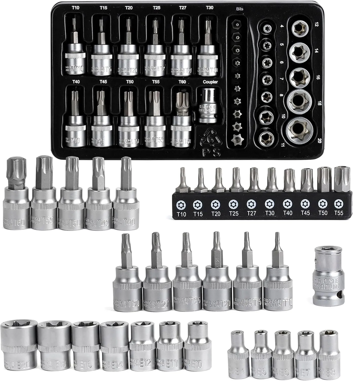 Topline 34-Piece 1/4”& 3/8” Drive E-Torx Socket Set and Torx Bit Socket Set, with Storage case, Premium CR-V Steel, E4-E20, T10-T60, Star Socket Set for Mechanic and Home Repair