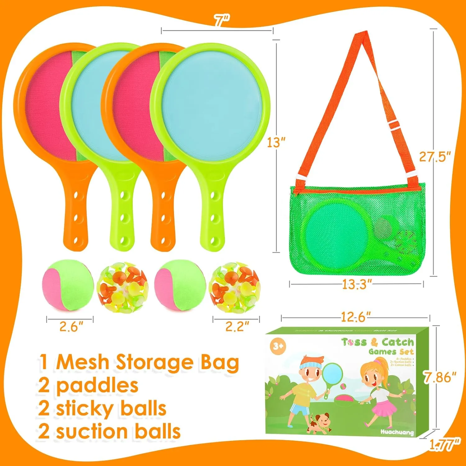Toss Catch Ball Toys Set: Toddler Outdoor Games for Kids with 4 Paddles 4 Balls - Family Outside Toys with Mesh Beach Toy Bag - Backyard Games Activities for Ages 3-12