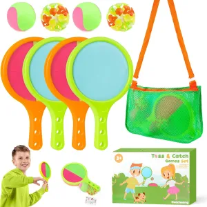 Toss Catch Ball Toys Set: Toddler Outdoor Games for Kids with 4 Paddles 4 Balls - Family Outside Toys with Mesh Beach Toy Bag - Backyard Games Activities for Ages 3-12