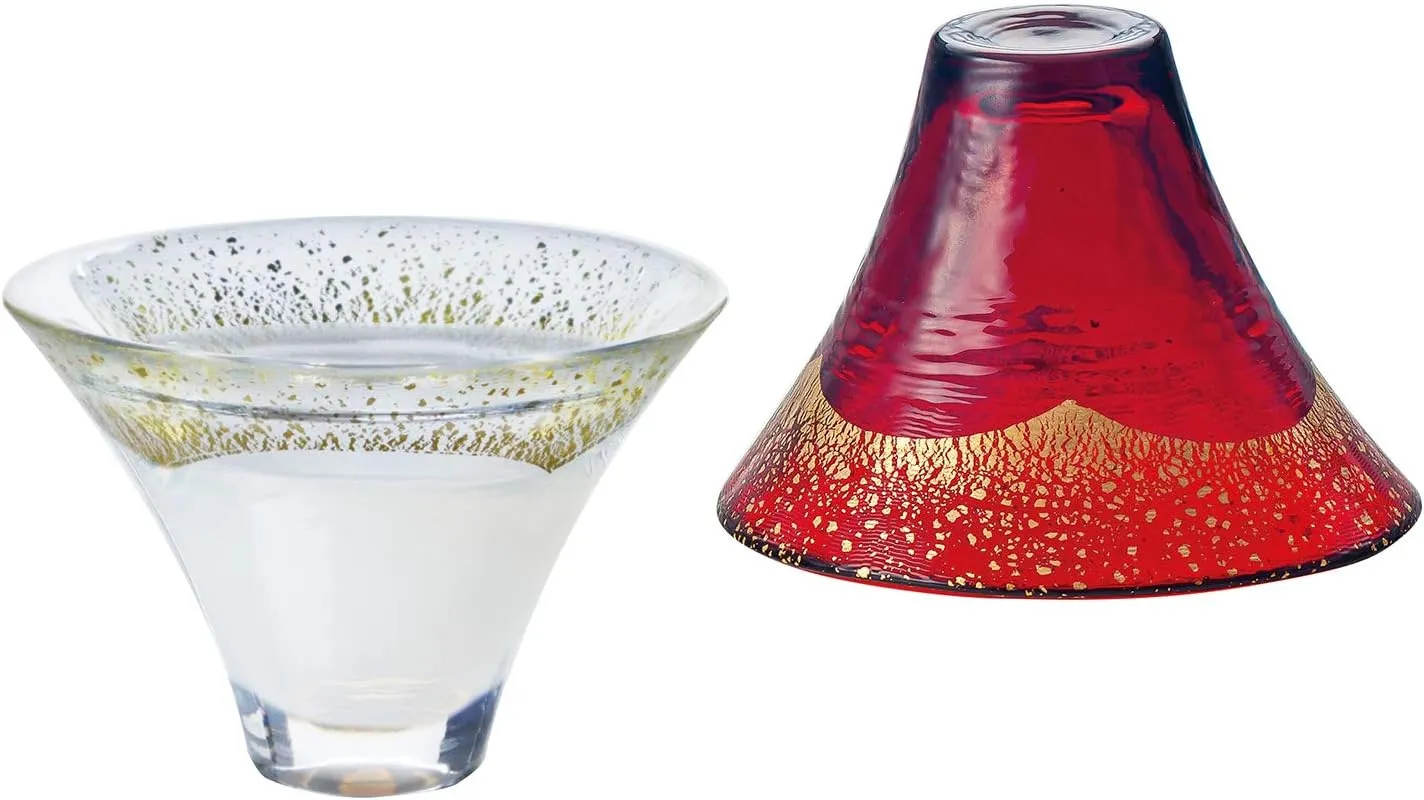 Toyo Sasaki Glass Cold Sake Glass Set, Lucky Cup Mt. Fuji, Cold Sake Cup, Made in Japan, White & Red, 2.4 fl oz (65 ml), 2 Piece Set G636-T74