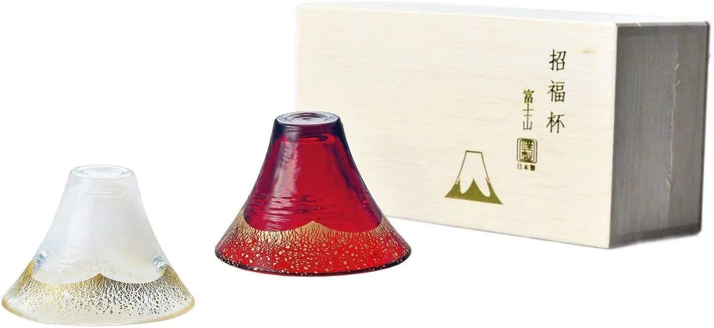 Toyo Sasaki Glass Cold Sake Glass Set, Lucky Cup Mt. Fuji, Cold Sake Cup, Made in Japan, White & Red, 2.4 fl oz (65 ml), 2 Piece Set G636-T74