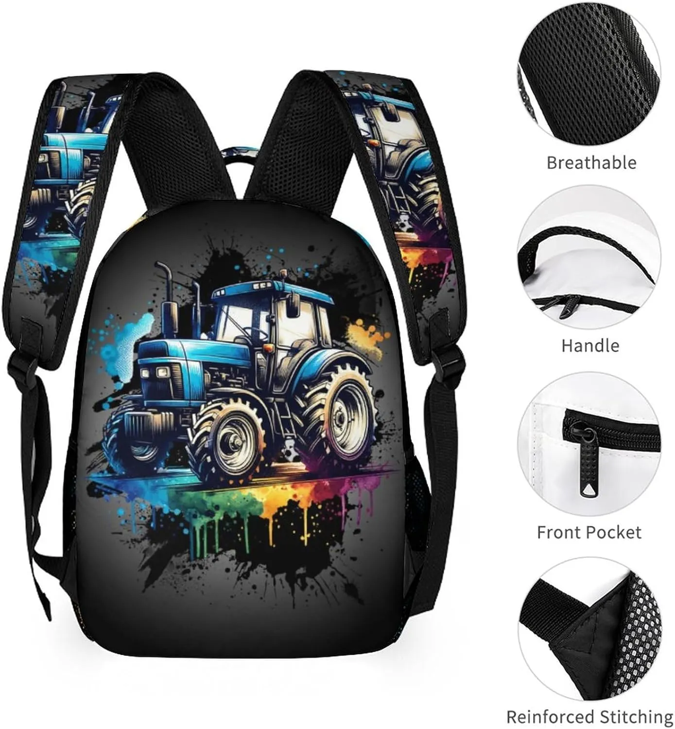 Tractor School Backpack, 16 Inch Cute Tractors Themed Bookbag for Kids Girls Boys, Daily School Backpacks for Students Children, Lightweight, Large Capacity